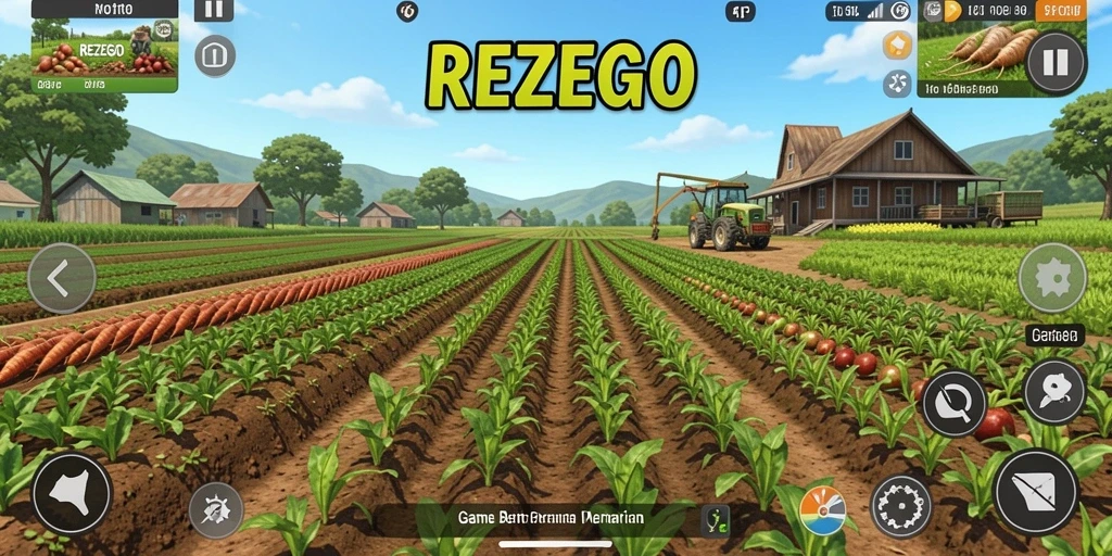 Screenshot gameplay REZEGO menampilkan interaksi petani dengan ladang dan hewan ternak.