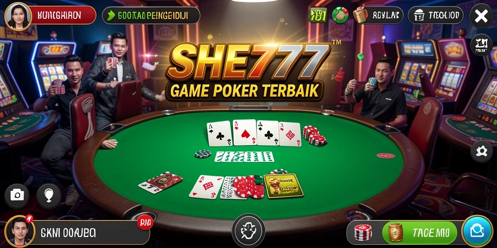 Tangkapan layar gameplay SHE777 yang menampilkan suasana permainan Poker yang intens.